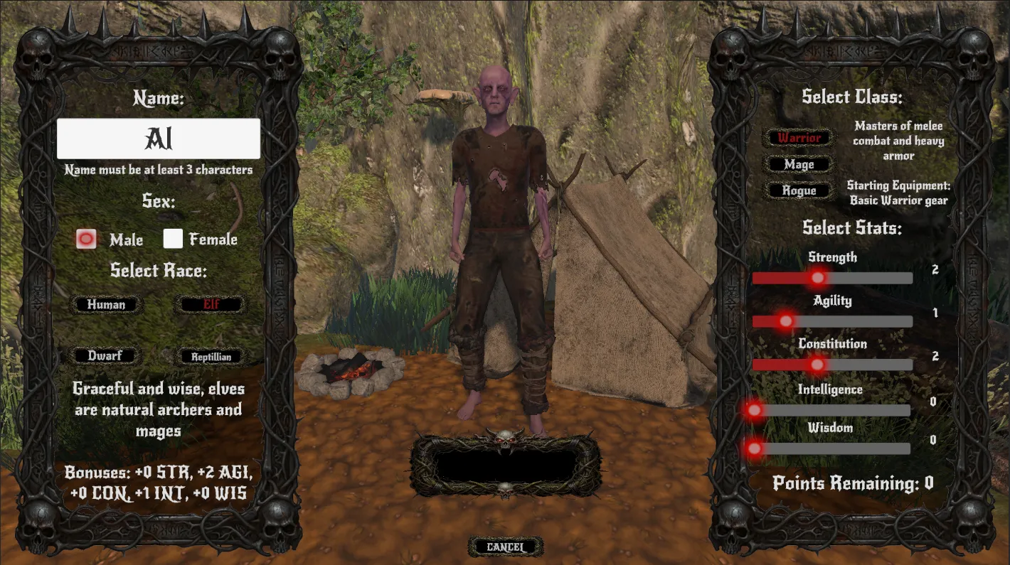 Mortumus character creation screen with live 3D preview